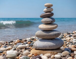 Fototapeta na wymiar he pebble tower balances harmony stones on the sea beach. Relaxing peaceful spa tranquility concept
