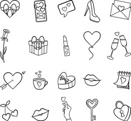 Set of Cute Items for Valentines Day for Coloring. 20 Vector Romantic Elements: heart, gift boxes, lips, heart lock, key, glasses of champagne, coffee with hearts, lipstick, romantic messages