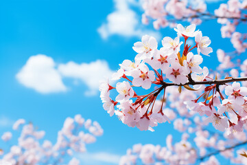 Cherry blossom close-up on blue background, spring background