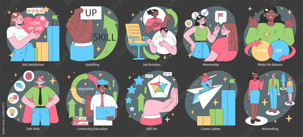 Aufkleber professional growth dark or night mode set. pathways and strategies for career advancement. characte