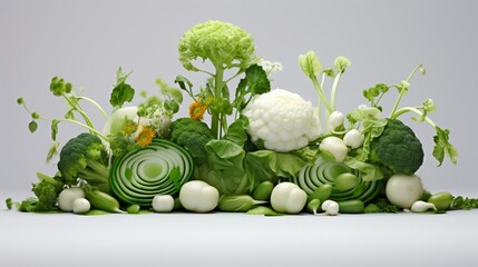 a delightful masterpiece with fresh green vegetables artfully arranged on a serene white surface.