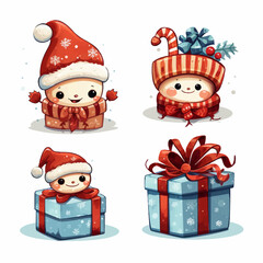 christmas, santa, holiday, snowman, gift, claus, santa claus, xmas, winter, cartoon, snow, vector, tree, decoration, celebration, illustration, gifts, hat, present, set, cute, box, season, happy, year
