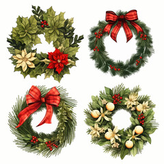 christmas, wreath, decoration, holiday, xmas, bow, holly, garland, tree, celebration, ribbon, winter, pine, ornament, green, vector, illustration, frame, ball, branch, leaf, season, design, flower, re