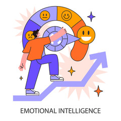 A man navigates his emotional intelligence, adjusting moods on a dynamic wheel. Self-awareness journey. Mood calibration. Flat vector illustration.