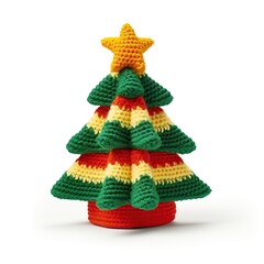 Handmade crochet Christmas tree with colorful yarn layers. Festive knitted yarn Christmas tree decoration with a star topper. Unique handcrafted green, red, and yellow crochet holiday tree."