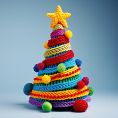 Multicolored crochet Christmas tree with pom-poms and a yellow star on blue background. Vibrant handmade Christmas tree decoration with layers of colorful yarn and ornaments.