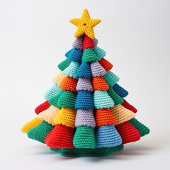 Multicolored hand-knitted Christmas tree with star topper. Geometric crochet Christmas tree with vibrant colors.