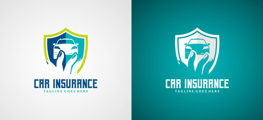 Car insurance shield logo design, vector auto care symbol - obrazy, fototapety, plakaty
