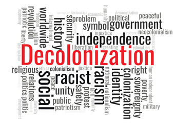 Illustration in the form of a cloud of words related to a Decolonization