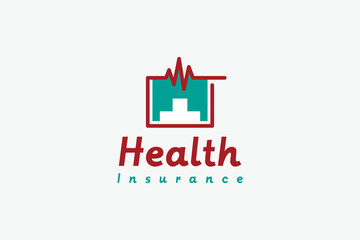 Health insurance logo design with vector cross symbol and modern heartbeat icon