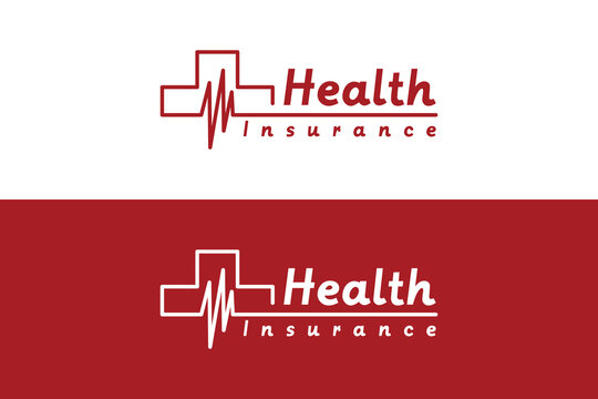 Health insurance logo design with vector cross symbol and heartbeat icon