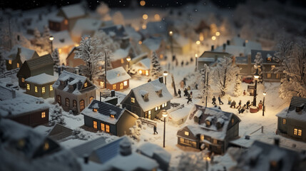 雪の降る町のジオラマ。AI生成画像