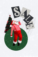 Vertical collage picture chubby funny old man santa claus sing mic music near christmas tree sketch...