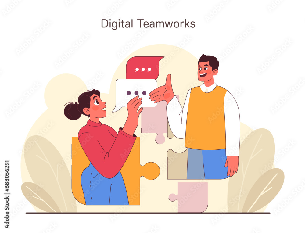 Poster collaboration concept. a duo engages in digital teamwork, merging ideas with tech and communication.