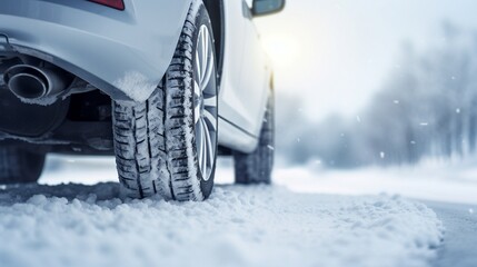 Car side close-up of snow-covered tire and snow-covered road, road safety concept, generative AI.