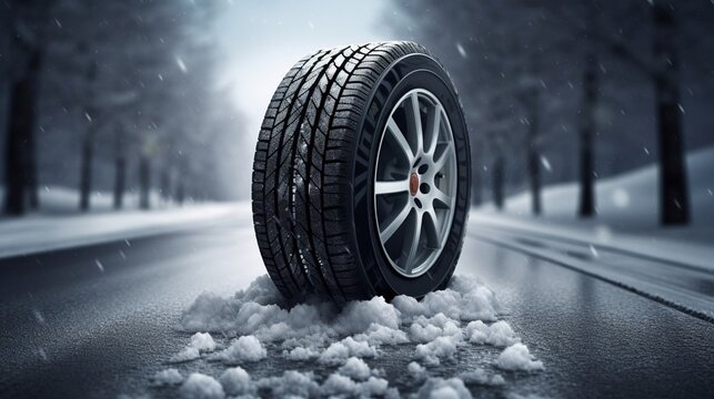 Close up of snowy winter tire and snow covered road, road safety concept, generative AI.