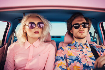 Couple in car.Pastel colors,vintage style.