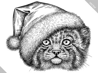 Vintage engraving isolated manul set dressed christmas illustration ink santa costume sketch. Palla's cat background silhouette kitten new year hat art. Black and white hand drawn vector image