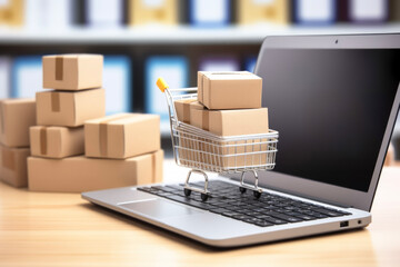 Close up of brown cardboard boxes and shopping cart with laptop keyboard on wooden table. Shopping concept of e-commerce and business. - obrazy, fototapety, plakaty