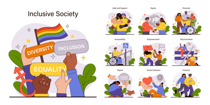 Inclusive Society set. Harmonious diversity and equality celebration. Unity in gender, race, and disability representation. Universal acceptance and solidarity themes. Flat vector illustration.