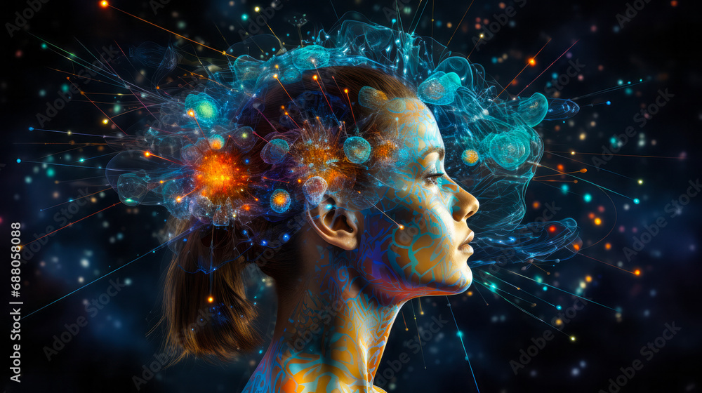 Poster vivid neural network visualization depicting the concept of consciousness creating reality in accord