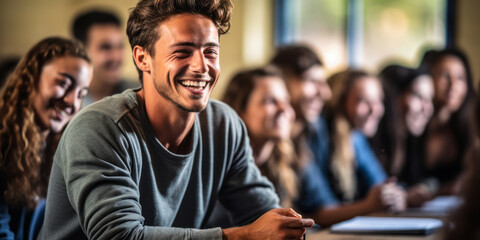 Joyful high school students engaged in a lively discussion during a class lecture, with a focus on a smiling young man listening attentively