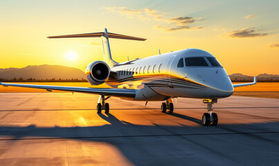 Luxurious private jet aircraft parked on airport runway bathed in the golden hues of sunset, symbolizing exclusive travel and modern aviation