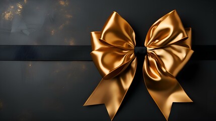 Gold gift bow on a dark background: postcard, screensaver, layout, congratulations, holiday, gift, surprise, bright, big (Ai)