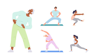 Senior and young people cartoon characters set enjoying yoga practice, stretching training exercise