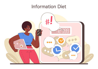 Information Diet concept. Woman balances digital intake with notifications on devices. Selective attention to communication in the information age. Flat vector illustration