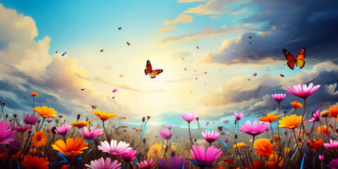 Vibrant butterflies of various colors fluttering above a field of colorful wildflowers under a sunny sky with soft clouds, symbolizing spring and the beauty of nature - obrazy, fototapety, plakaty