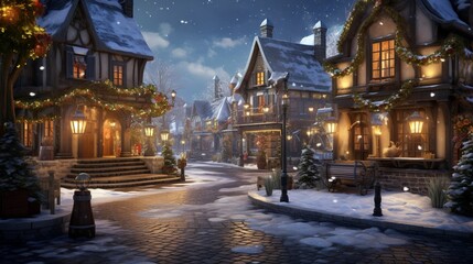 A charming village square adorned with twinkling lights, its cobbled paths leading to quaint shops, while the surroundings fade into a blurred elegance