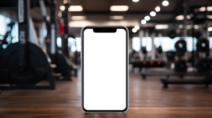 iPhone mockup with transparent screen on wooden table in gym, workout equipment background