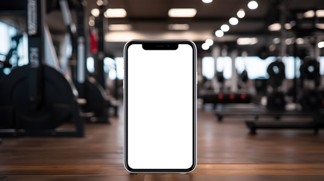 iPhone mockup with transparent screen on wooden table in gym, workout equipment background - Powered by Adobe