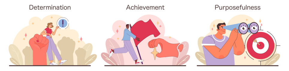 Determination and Achievement trio. Expressive scenes of goal-setting, celebrating successes, and strategic focus. Encouraging self-driven victories and insightful planning. Flat vector illustration