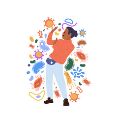 Scared woman cartoon character with weak immunity fighting against infection microorganism