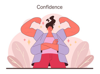 Power of Confidence illustration. A figure with exaggerated muscles stands proud, representing the inner strength and self-assurance gained through perseverance. Flat vector illustration