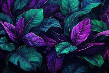 Tropical leaves in neon tones, bright glowing plants. Purple and green tropical leaves.