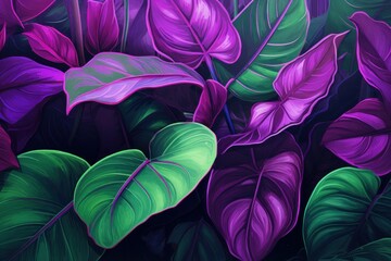 Tropical leaves in neon tones, bright glowing plants. Purple and green tropical leaves.