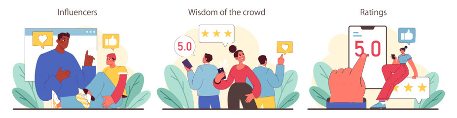 Social Proof concept. Digital influence and community ratings shaping public opinion. Authority figures, collective wisdom, and user ratings in decision-making. Flat vector illustration.