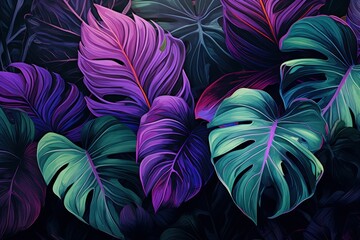Tropical leaves in neon tones, bright glowing plants. Purple and green tropical leaves.