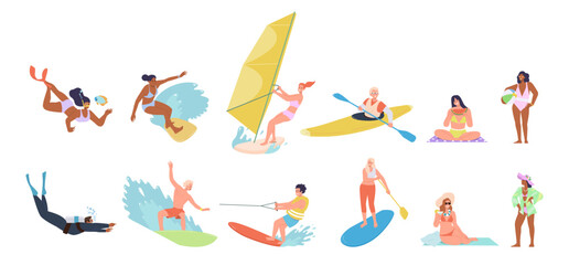 Different people cartoon characters engaged in beach recreation and water sport activities set - obrazy, fototapety, plakaty