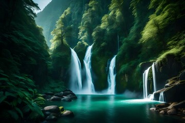 A mesmerizing sight of waterfalls merging with lush, verdant slopes, painting a serene picture in the mountains.