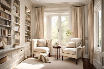 A tranquil cream-colored reading nook featuring a plush armchair bathed in natural light, providing a peaceful haven within a tastefully decorated living space.