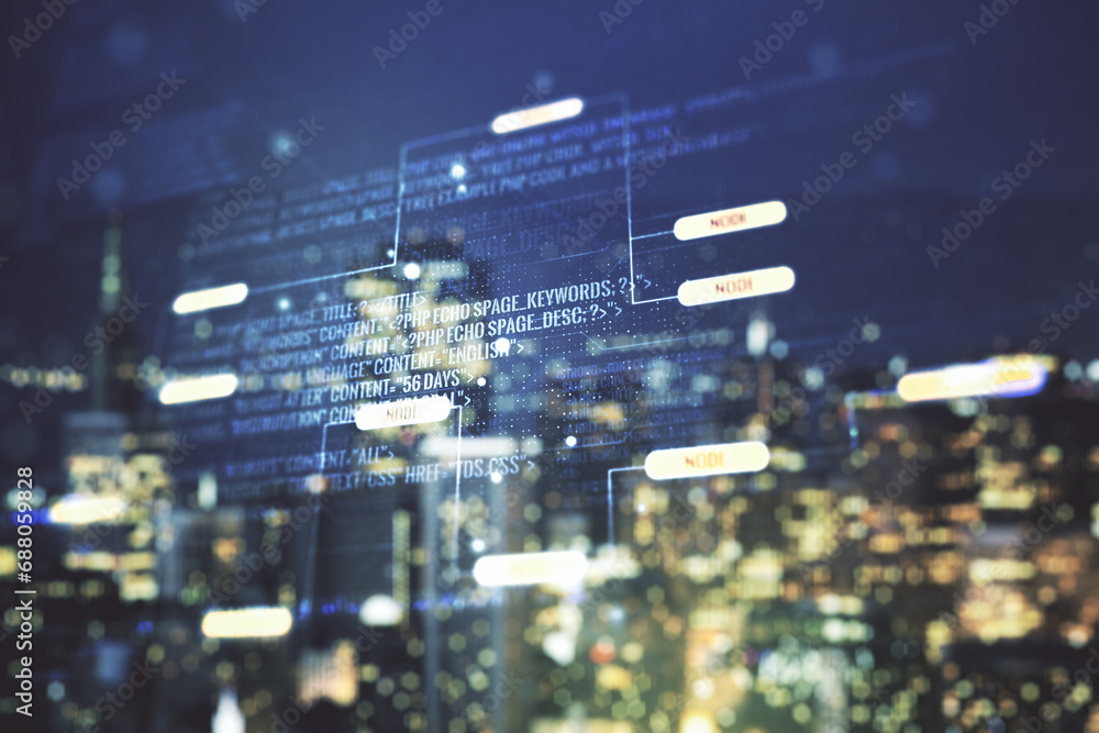 Poster abstract virtual coding concept on blurry skyline background. multiexposure