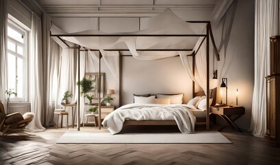 A cozy bedroom with a canopy bed and a blank frame on the wall beside the nightstand.