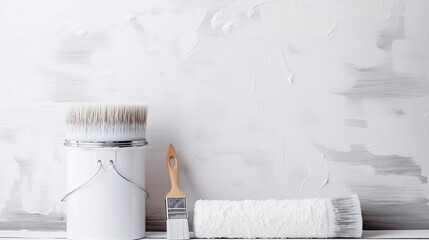 a man paints a wall with white paint with a roller - obrazy, fototapety, plakaty