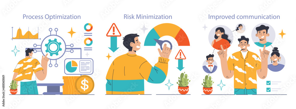 Poster business optimization set. enhancing workflow with analytics, mitigating potential threats with char