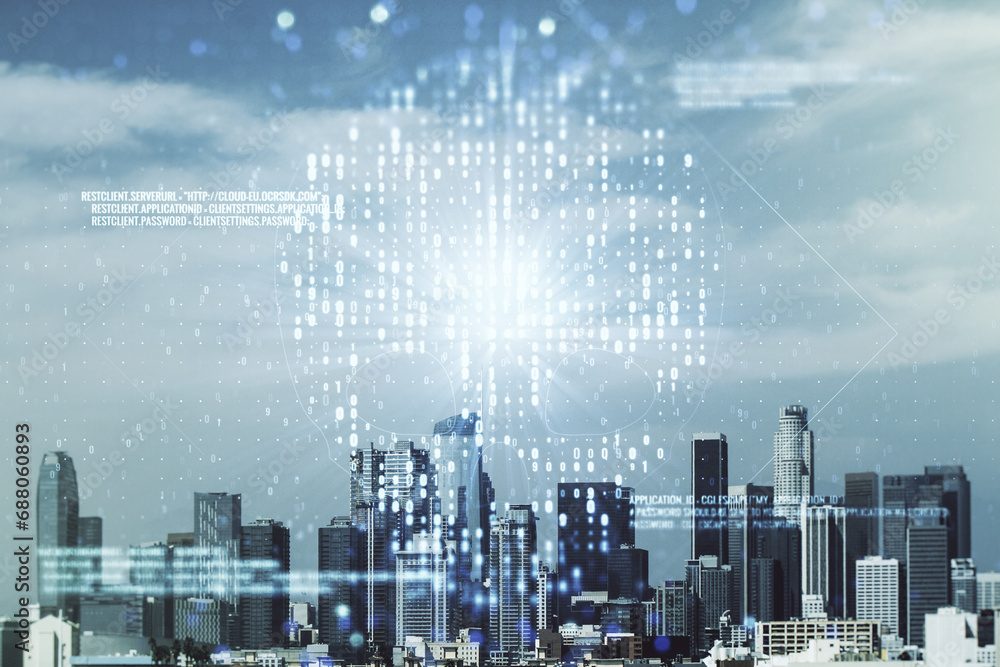 Poster abstract virtual code skull illustration on los angeles skyline background. hacking and phishing con