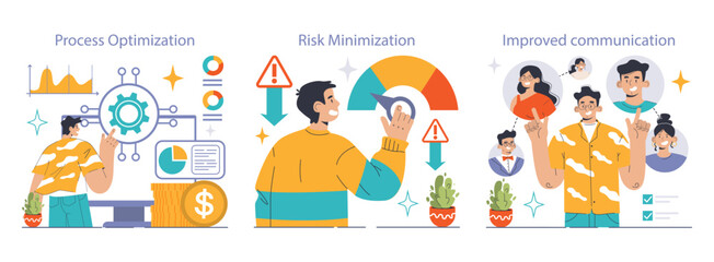 Business Optimization set. Enhancing workflow with analytics, mitigating potential threats with charts, fostering team discussions. Metrics, decision-making, team interaction. Flat vector illustration